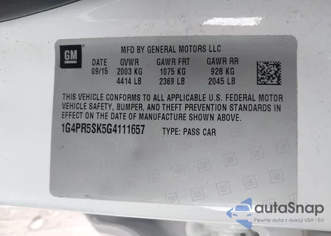 2016 Buick Verano Convenience Group from USA, damaged, VIN 1G4PR5SK5G4111657